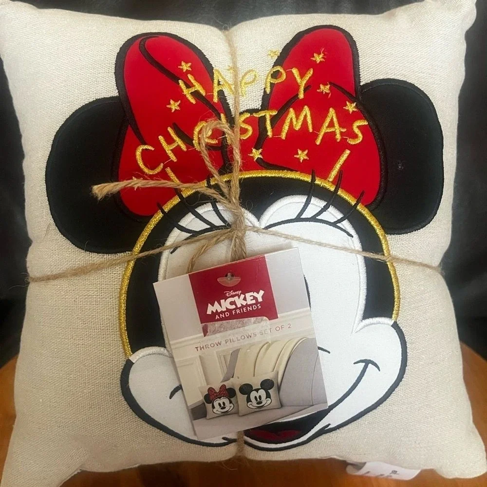 Disney Merry Christmas Mickey and Minnie Mouse Pillow Set Reversable Embroidered